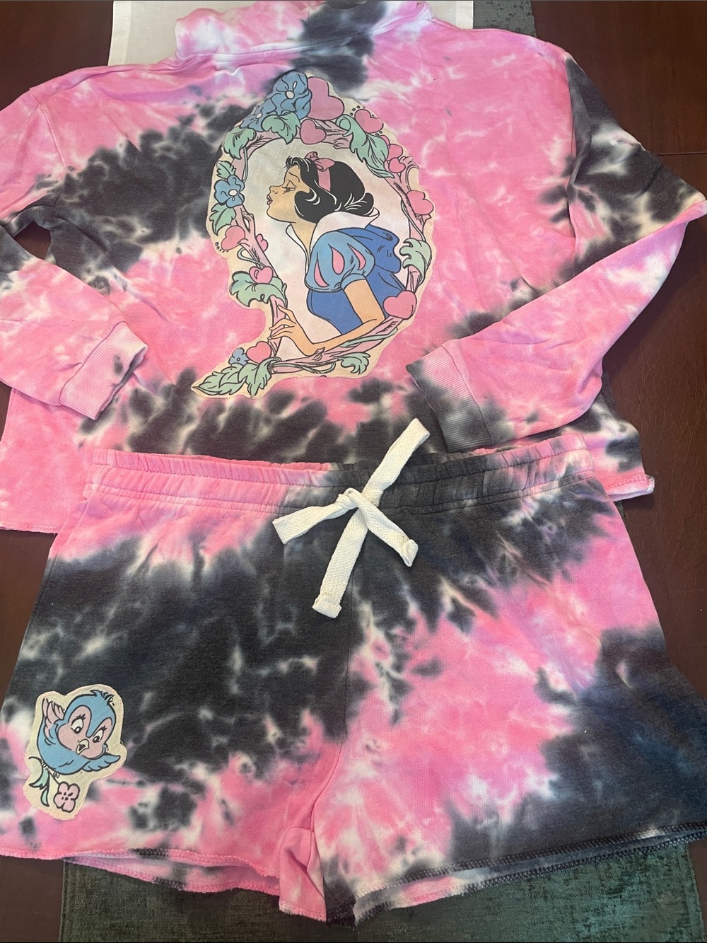 Pink & Black Tie-Dye Hoodie and short set with vintage Snow White panel.